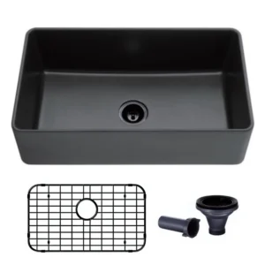 33x19 Apron Farmhouse Single Kitchen Sink in Black Granite Composite with Grids